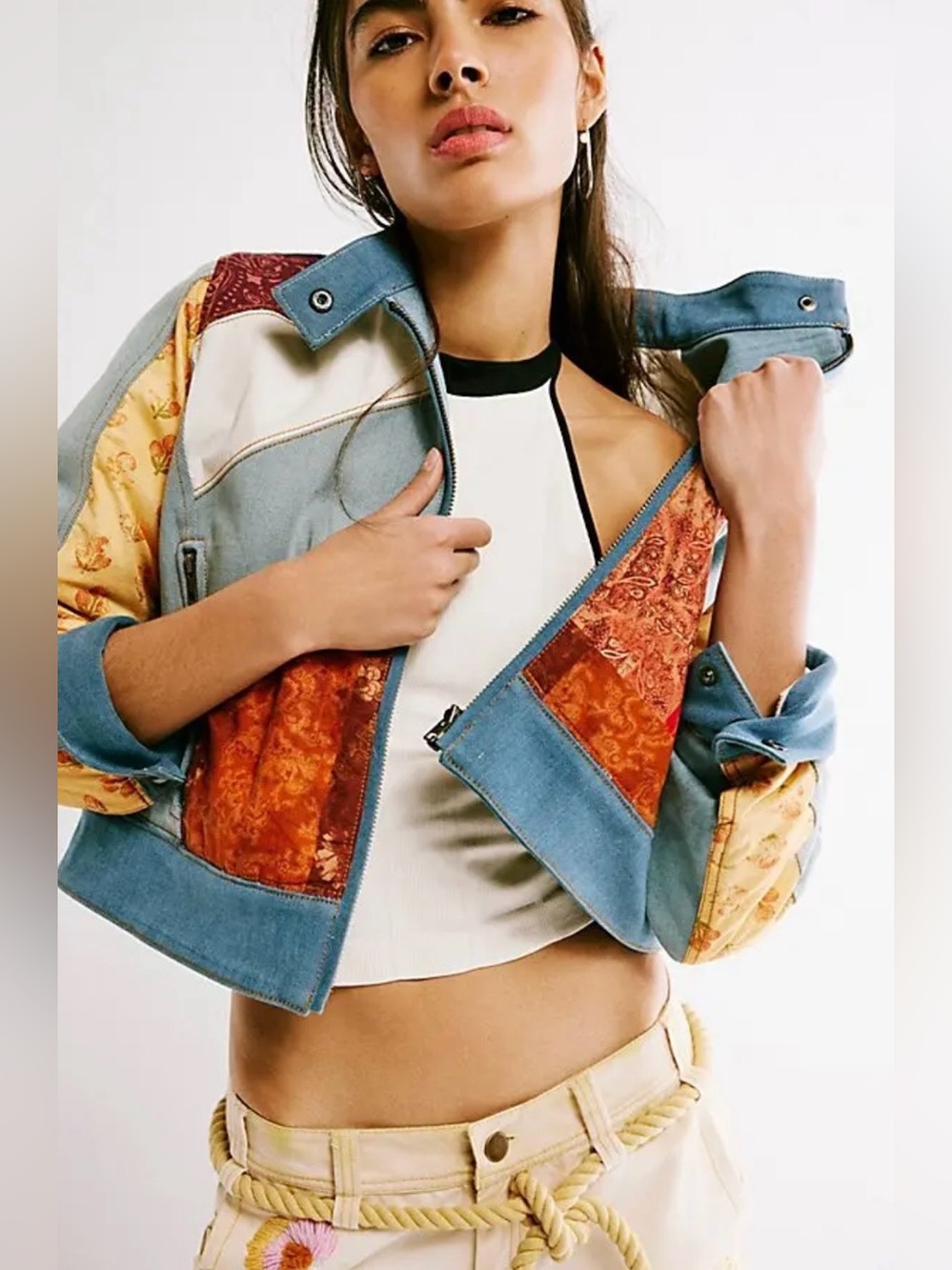 Free People Denim Sunset Patchwork Extravaganza Racer Moto Jacket ‼️RARE‼️ NWT - Picture 4 of 7